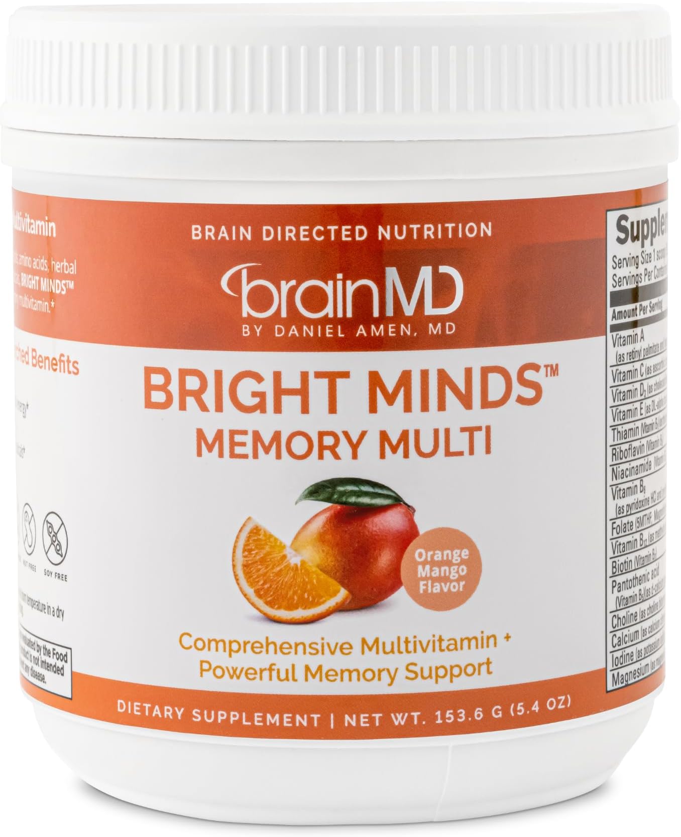 BRAINMD Dr. Amen Bright Minds Memory Powder, Orange - 0.36 lbs - Powerful Brain Nutraceuticals - Supports Energy, Focus, Circulation & Healthy Aging - Gluten Free, Dairy Free, Soy Free - 30 Servings