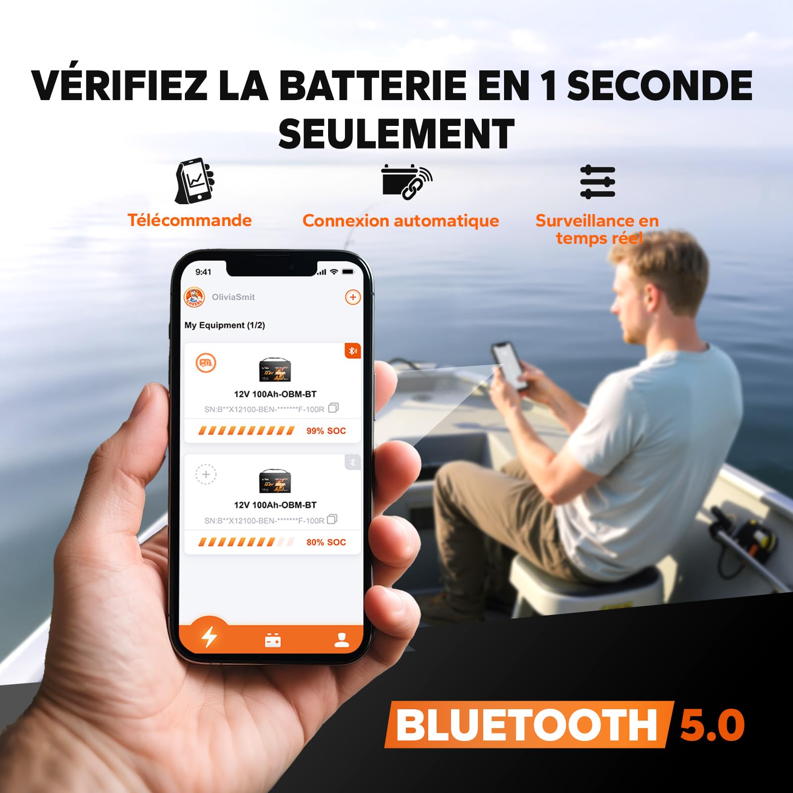 LiTime Batterie Lithium 12V 100Ah Bluetooth pour Moteur Electrique Bateau | LiFePO4, 100A BMS, Max. 15000 Cycles, Énergie 1280Wh, IP65, Protection Anti-froid, Max 4P4S, pour Bateaux, Yachts, Pêche