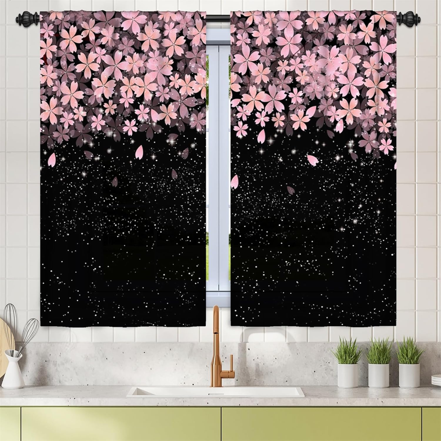 Renaiss 42 x 63 Inch Pink Floral Linen Curtains Romantic Rose Flower Farmhouse Country Kitchen Cafe Small Curtains Drapes Rod Pocket Blackout Window Treatments for Living Room Bedroom 2 Panels