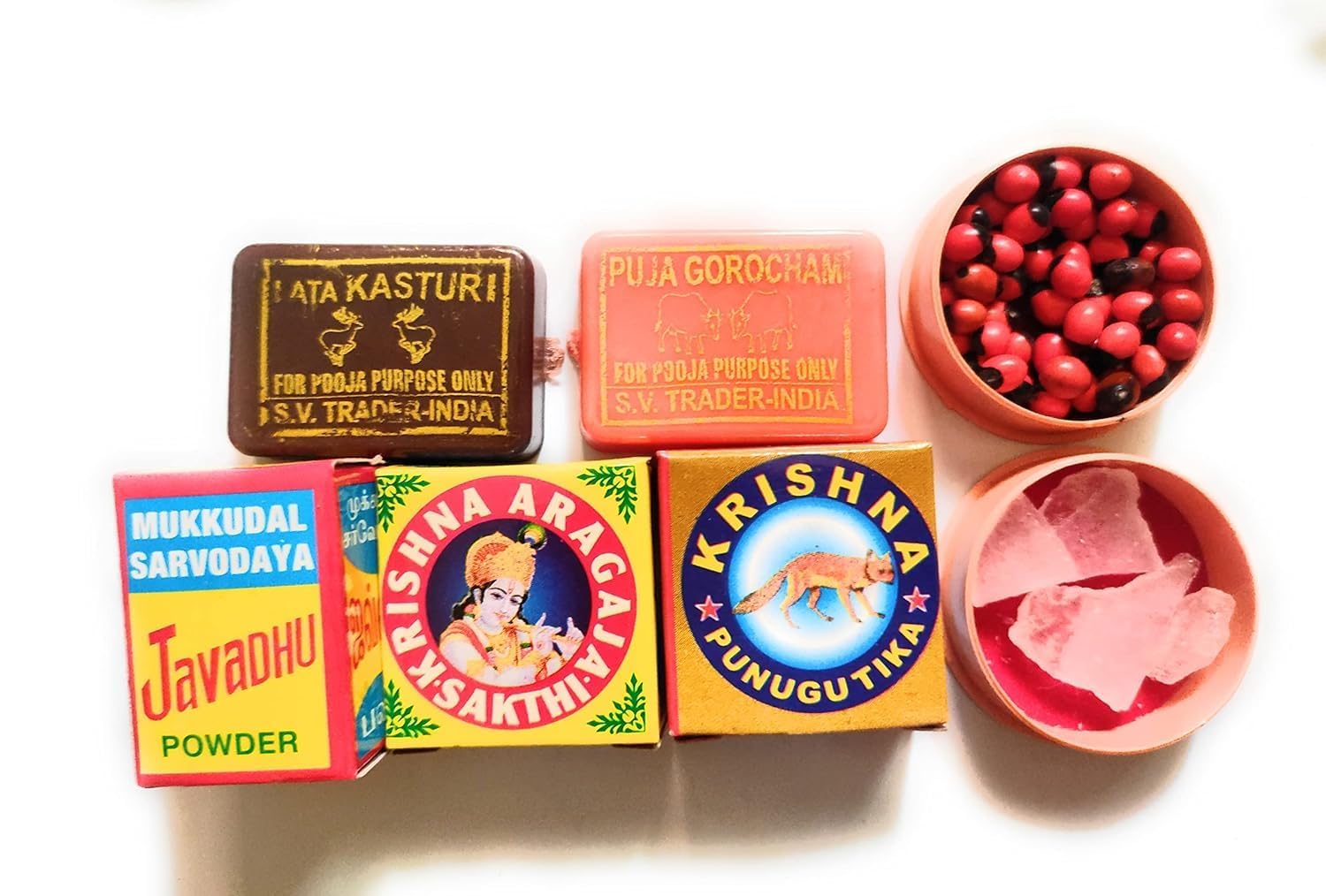 Pack of 7 Divine Pooja Items Javadhu,Punugu,Aragaja,Gorochanam.Kasturi,Pachakalpooram and Red Gunja Seeds-image-11