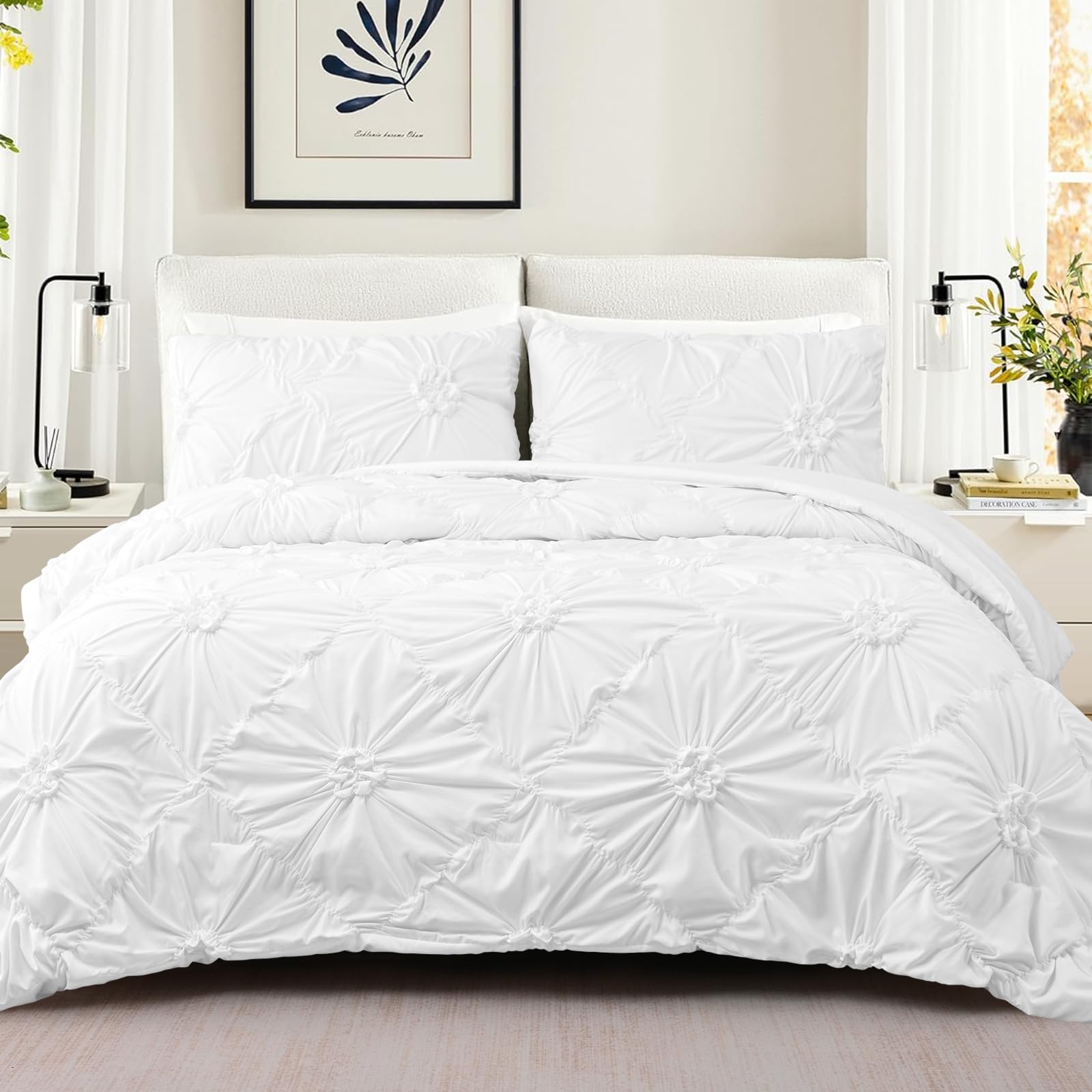 Uspring Quilts Queen Size Elegant Flower Bedding Set with 2 Pillow Shams, Lightweight Soft Quilted Bedspreads Cozy Stylish Floral Bedding Comforter Sets for All Season (White, 90'' x 90'')