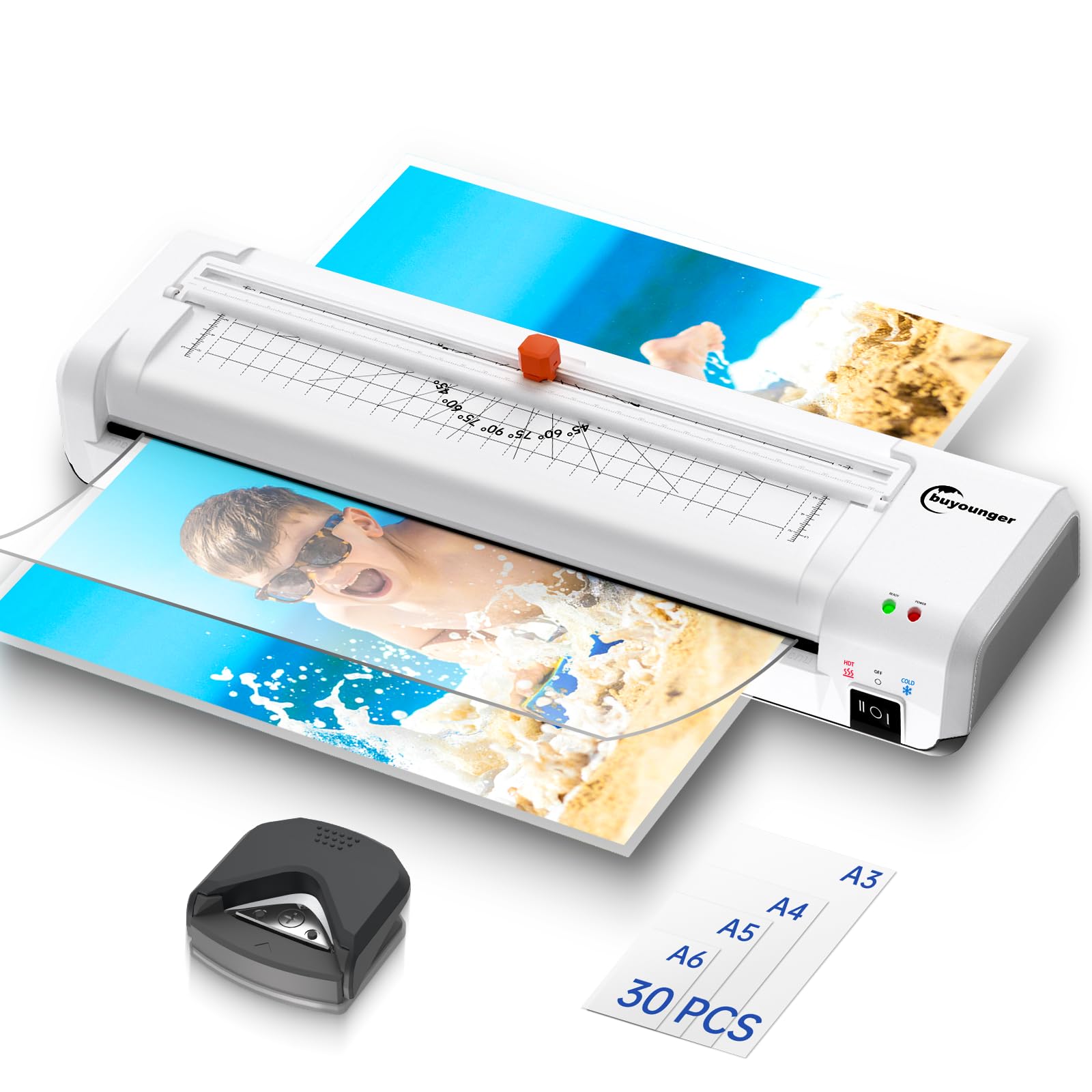Buyounger Laminator Machine, A3 Laminator Machine with 30 Laminating Sheets, 13 Inch Laminating Machine with Built-in Paper Cutter & Corner Rounder,