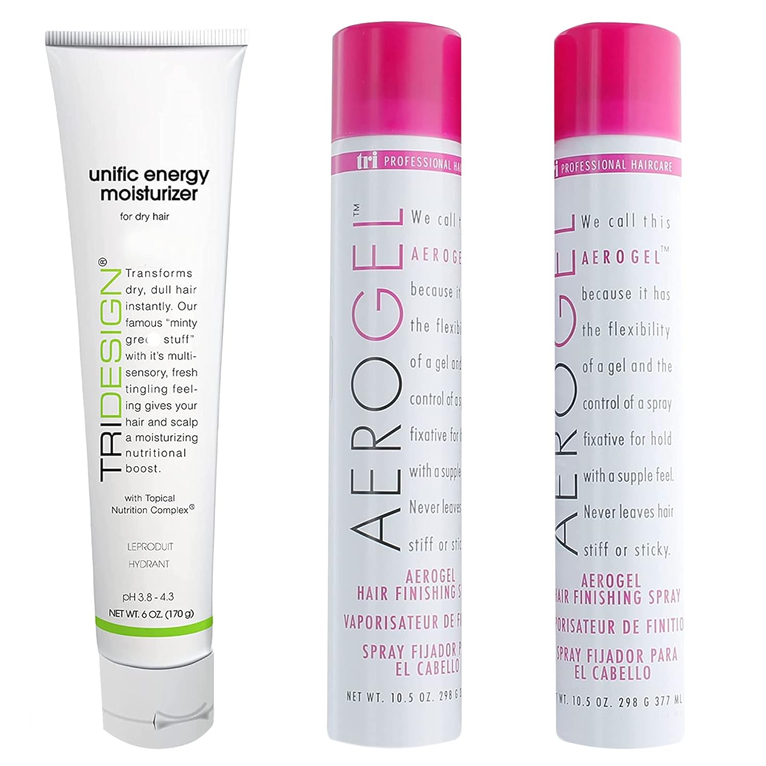 TRI Design Hairspray & Unific Energy Moisturizer Conditioner Bundle – Flexible Hold Hairspray for Volumizing & Curly Hair + Leave-In Conditioner for Dry Hair – 10.5 oz Hairspray + 6 oz Conditioner