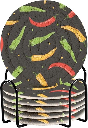 innewgogo Chili Peppers 6 Pcs Absorbent Drink Coasters for Tabletop Protection Handmade Round Woven Coaster with Holder & Heat Water Resistant Bulk