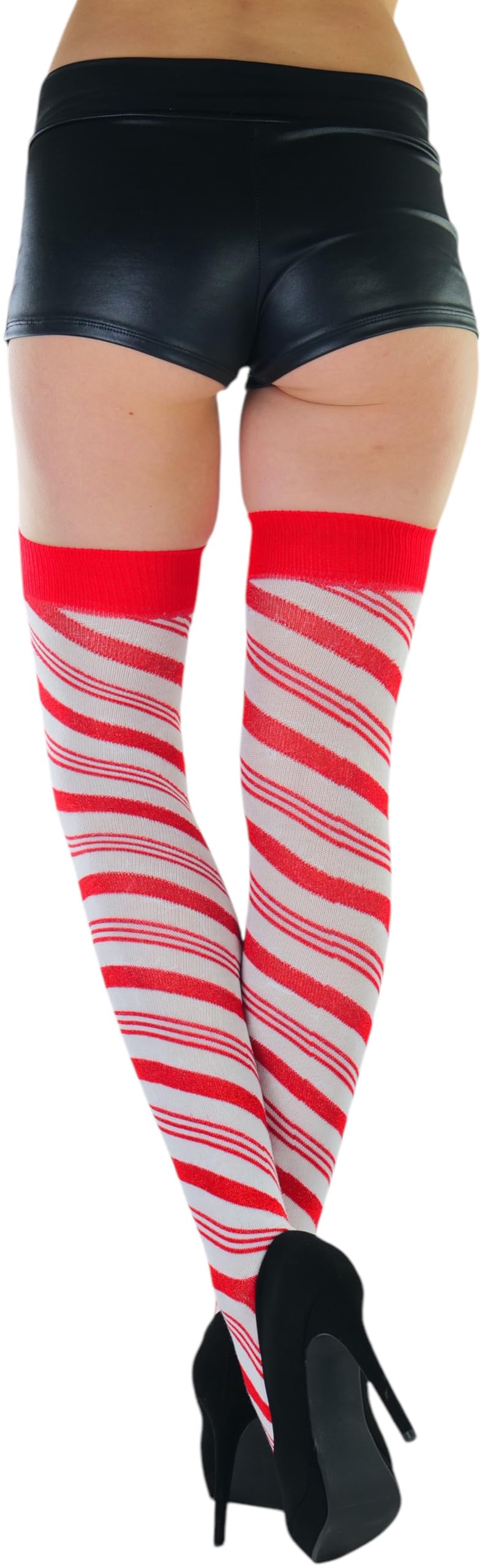 ToBeInStyle Women's Striped Christmas Thigh Hi Stockings W/Bow: One Size Shimmering Candy Cane Striped - Red/White