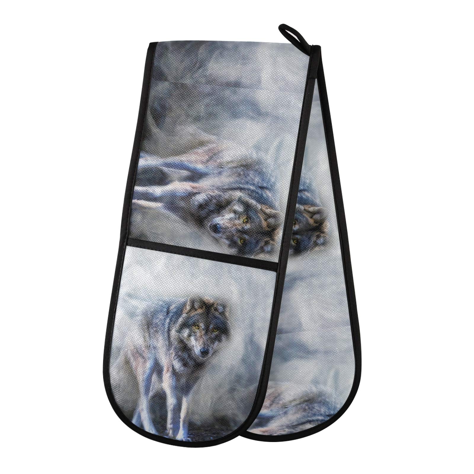 PUXUQU Oven Gloves Double Oven Mitts Gloves, Vintage Animal Wolf Heat Resistant Oven Gloves for Baking BBQ Kitchen Cooking Gloves