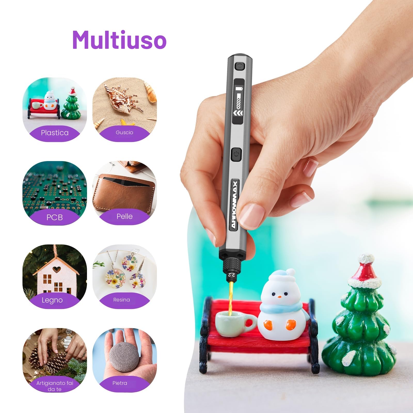 ARROWMAX Mini trapano elettrico a 5 velocità, 10 piccole punte da trapano con scatola in alluminio, display OLED, luci a LED, piccolo set di trapano elettrico per resina, gioielli, artigianato