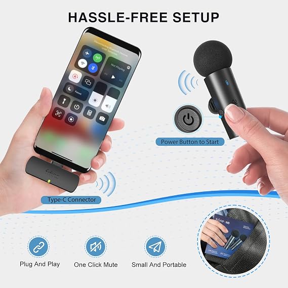 FIFINE 2 Microphone Wireless Collar System, YouTube Video Interview Net Audio with Collar Microphone for Vlog, Dual Mini Microphone with Type C Receiver for Android Phone/Tablet/Iphone15 (USB C) Laptop-M8