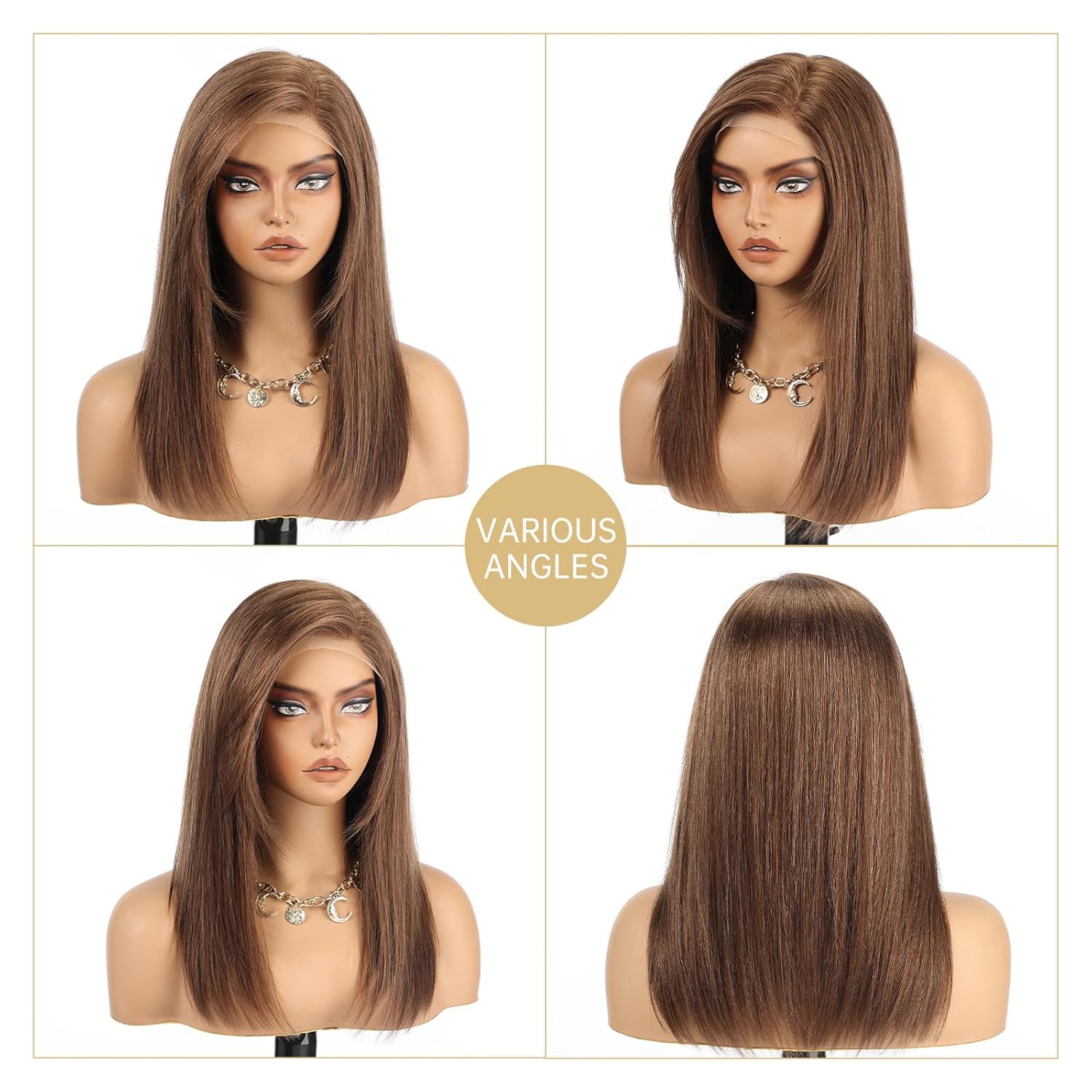 KKU 100% Human Hair Wigs for Women,Real Human Hair Wigs,Side Swept Bangs Lace Front Wig(16 Inch,Chestnut Brown)