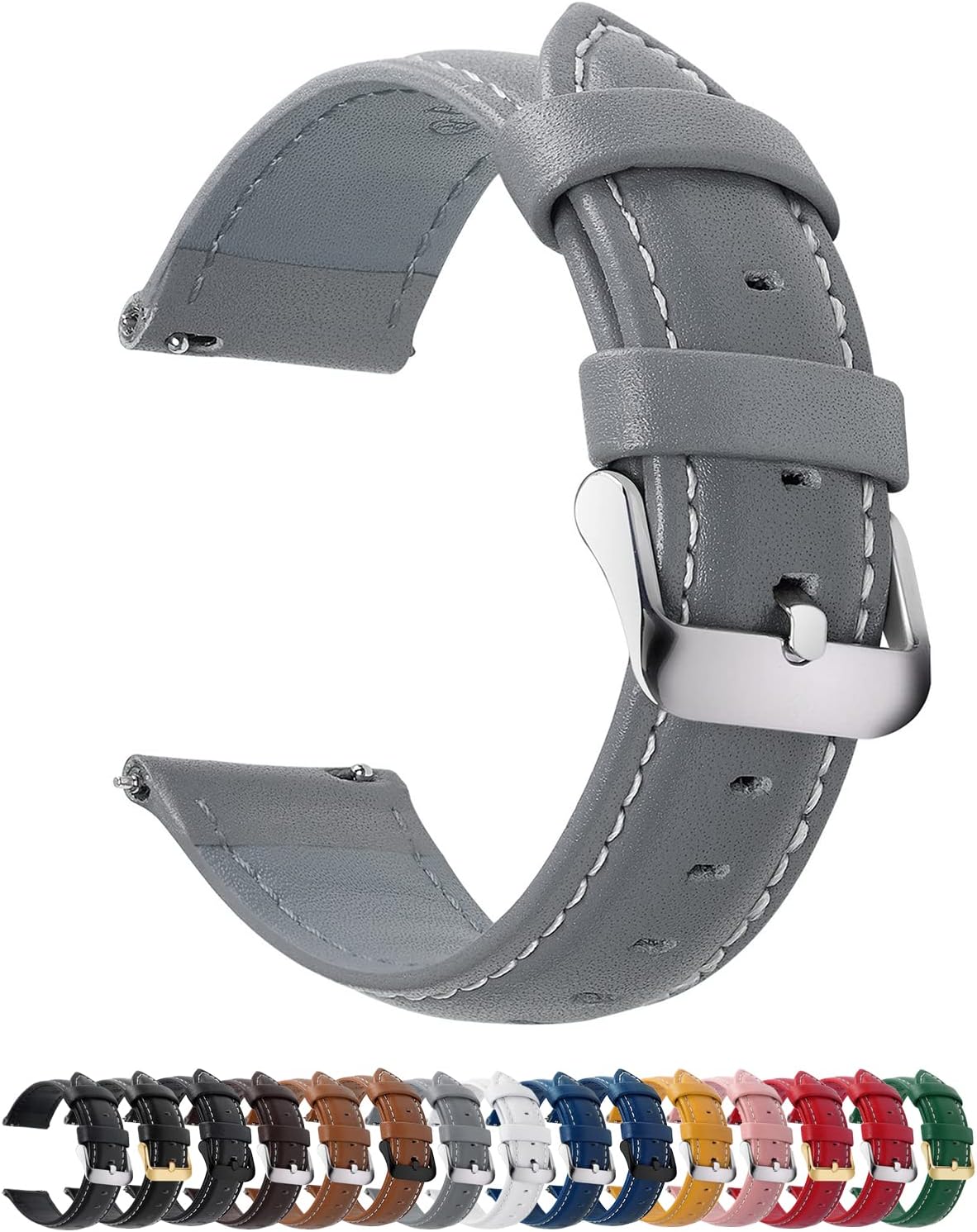 Fullmosa Watch Straps 20mm, Axus Series Leather Strap Replacement Watch Strap with Stainless Steel Metal Clasp for Men Women 14/16/18/20/22/24mm, Grey 20mm