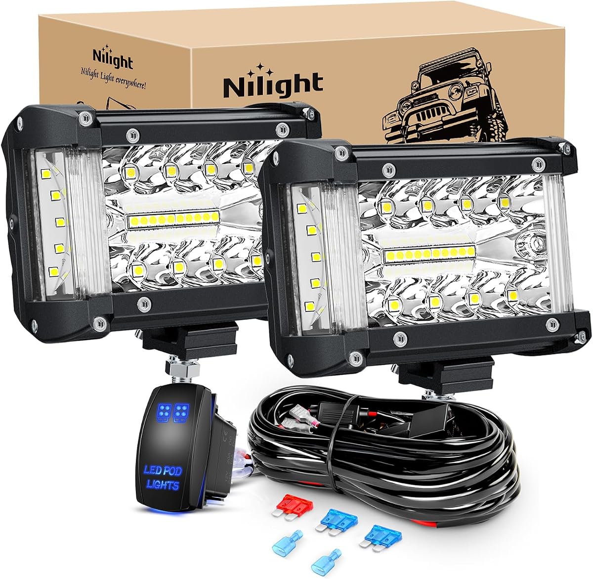 Side Shooter LED Lights 2PCS 4.3 Inch with Wiring Kit for Truck SUV | Triple Row Spot Flood Combo Bar, 16AWG Harness 5Pin Rocker Switch, Fog Driving Work Lighting on Pick-up Boat Tractor, ZH620