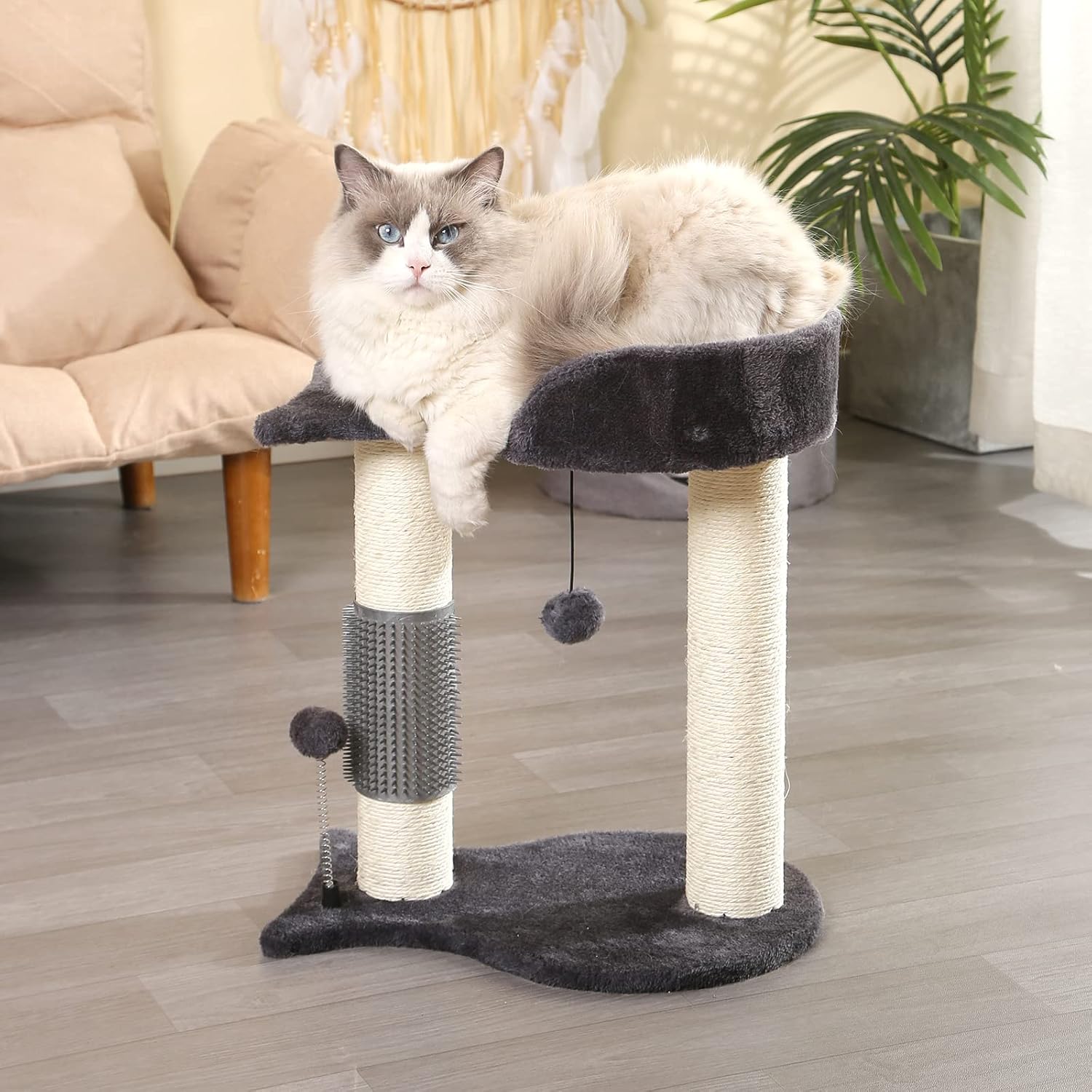 Cat Tree Tower, Multifunction Cat Scratching Post for Indoor Cats Featuring with Fish-Shaped Rest Platform Cat Self Groomer Danging Ball Spring Ball, Grey