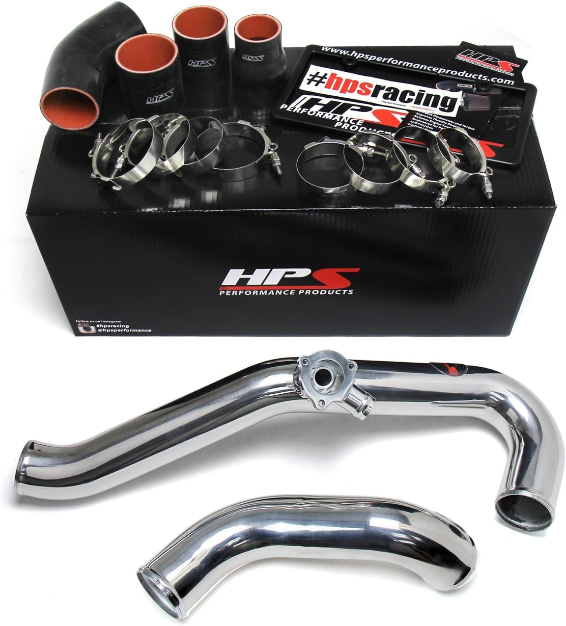 HPS Performance Polish Intercooler (Charge Hot and Cold Side with Black Hoses) Compatible for 2015-2017 Ford Mustang Ecoboost 2.3L Turbo, 17-101P