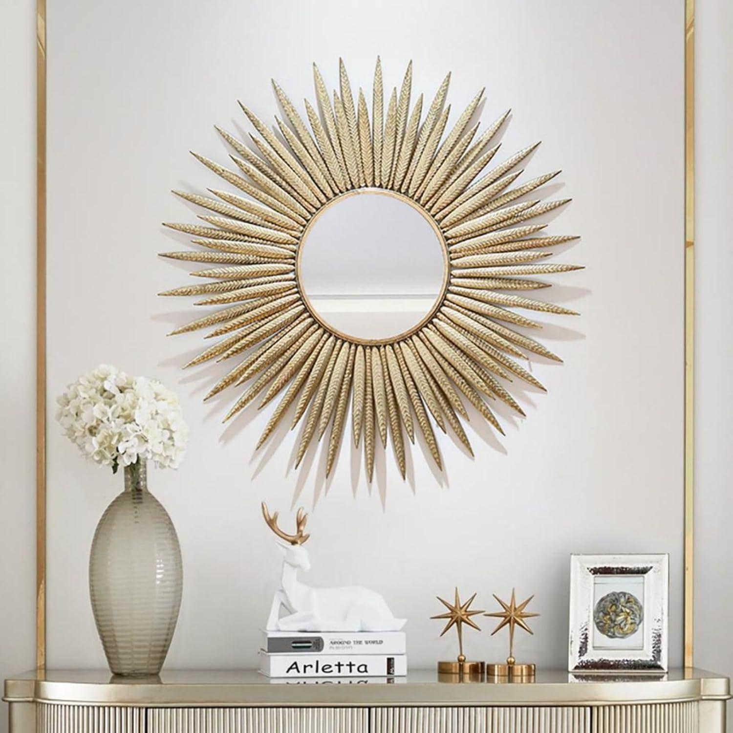 homary Sunburst Wall Mirror, 33.7" Gold Accent Mirror with Embossed Metal Frame for Living Room, Entryway, or Bedroom Decor (1, Style-A)