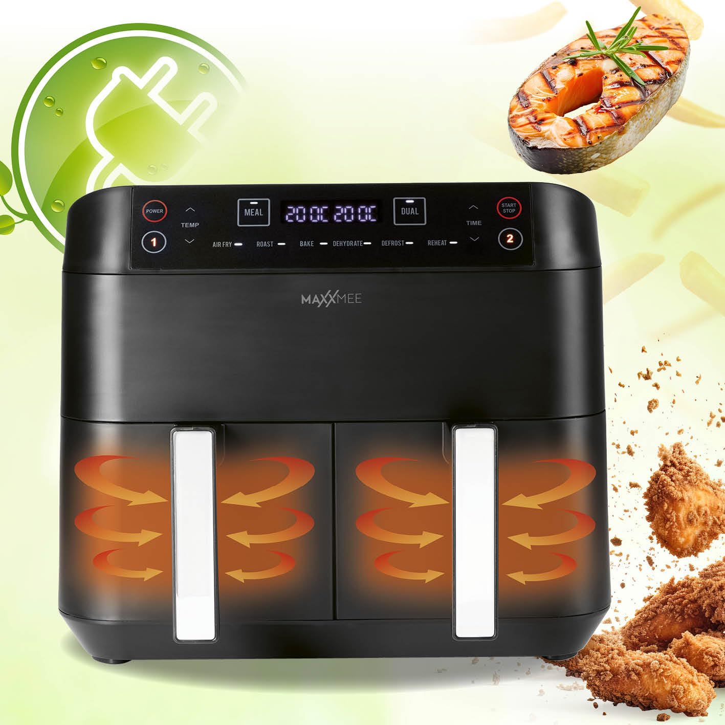 MAXXMEE Frytkownica na gorące powietrze, podwójny kosz, 7,6 litra, cyfrowa podwójna frytkownica na gorące powietrze z dwiema komorami, 2 x 3,8 l, jednoczesne gotowanie 2 różnych posiłków | 6 programów