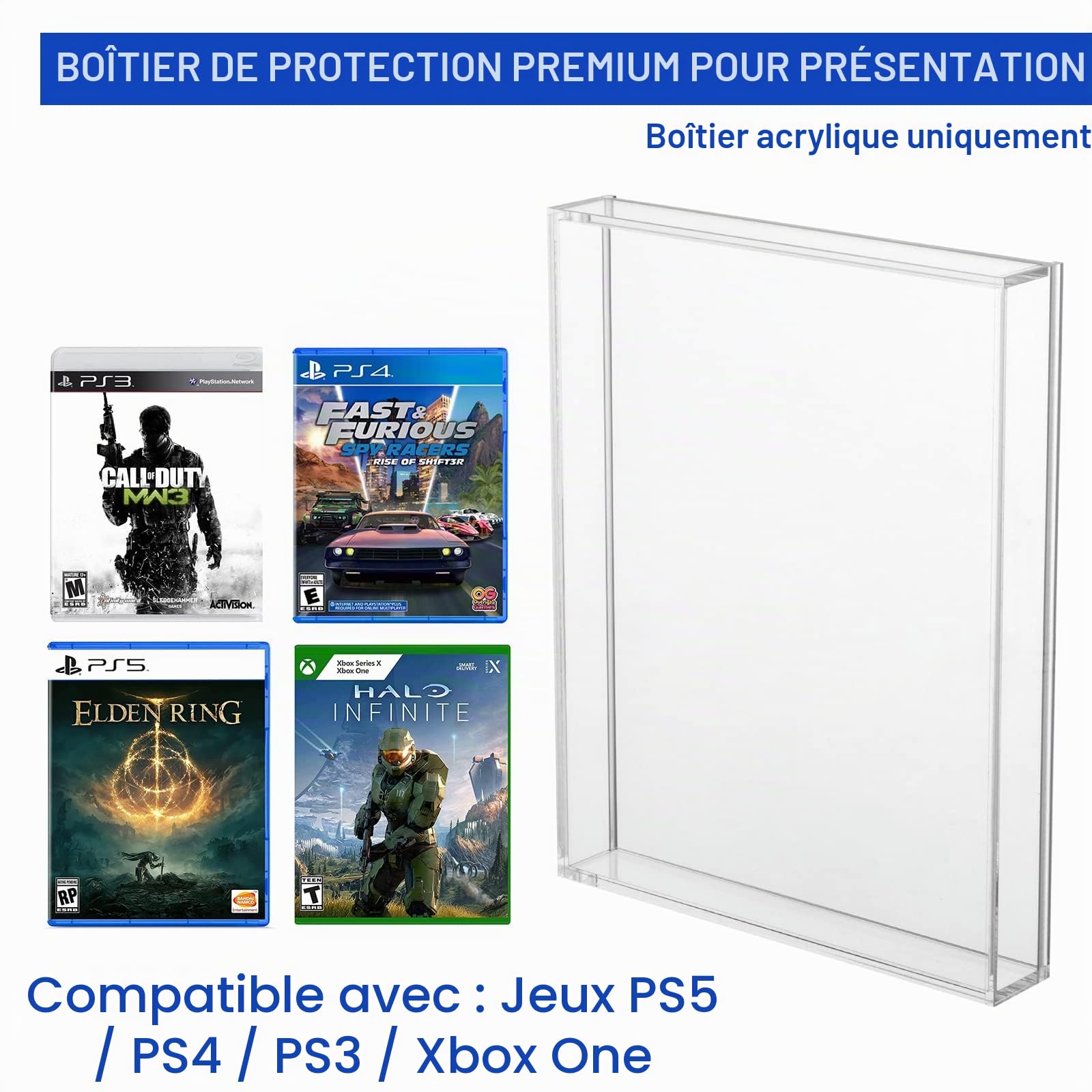 Coque de Protection en Acrylique Transparent pour boîte de Jeux vidéo PS3, PS4, PS5 et Xbox One, 3 mm d'épaisseur, Support de Rangement Mural résistant à la poussière (Lot de 1)