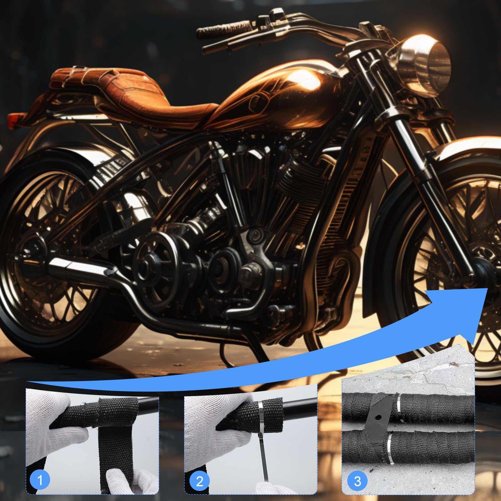 Nastro Sigillante dello Scarico, 6mx5cm Bende Termiche Moto Nastro Termico Protezione Calore Scarico Benda Termica Scarico con 10 Fascette Metalliche per Collettori Automobile e Tubo Scarico Moto