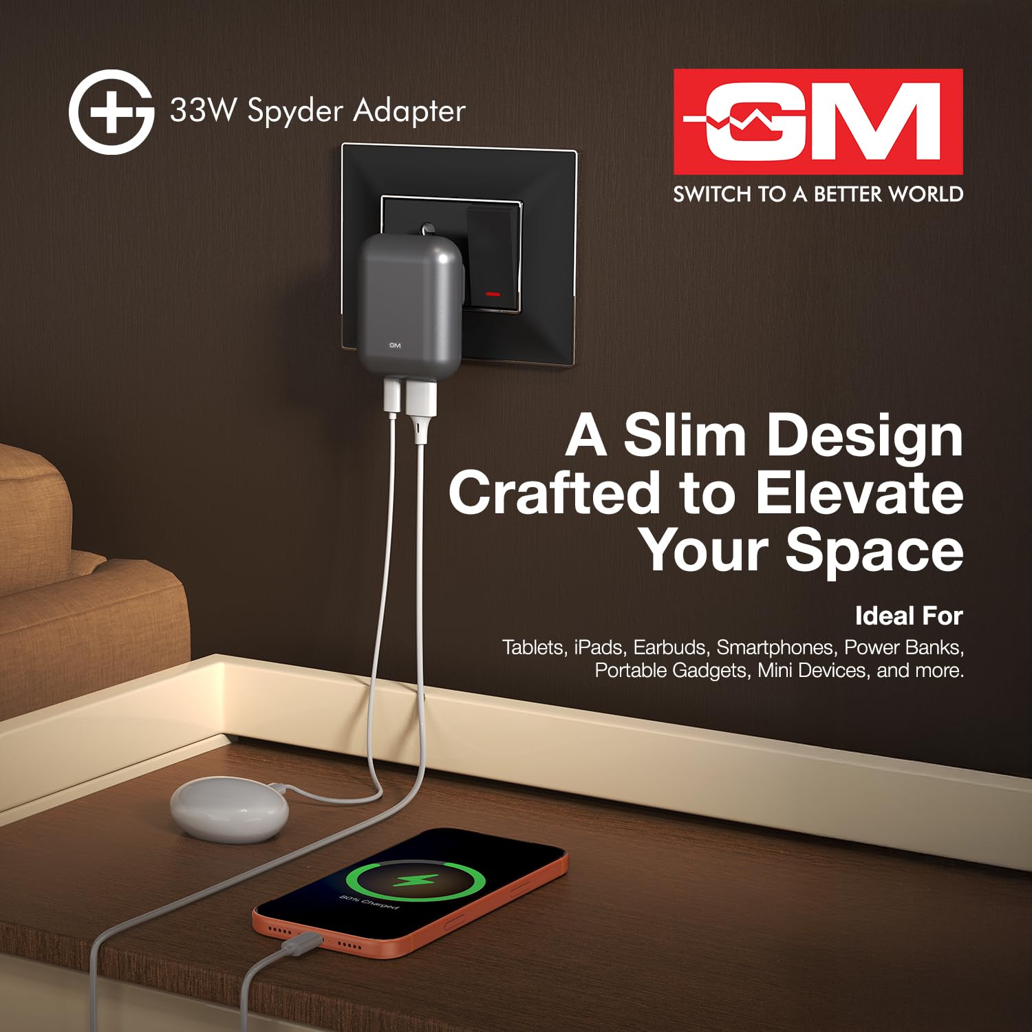 GM G+ 33W Spyder GaN Charger | Foldable Indian Pin | Travel Friendly | Type-C & USB-A Port | Advanced Protection for iPhone, Samsung, Pixel Series, Tablets, Macbook M1 |1 Year Warranty (Electric Grey) — Amazon image 4