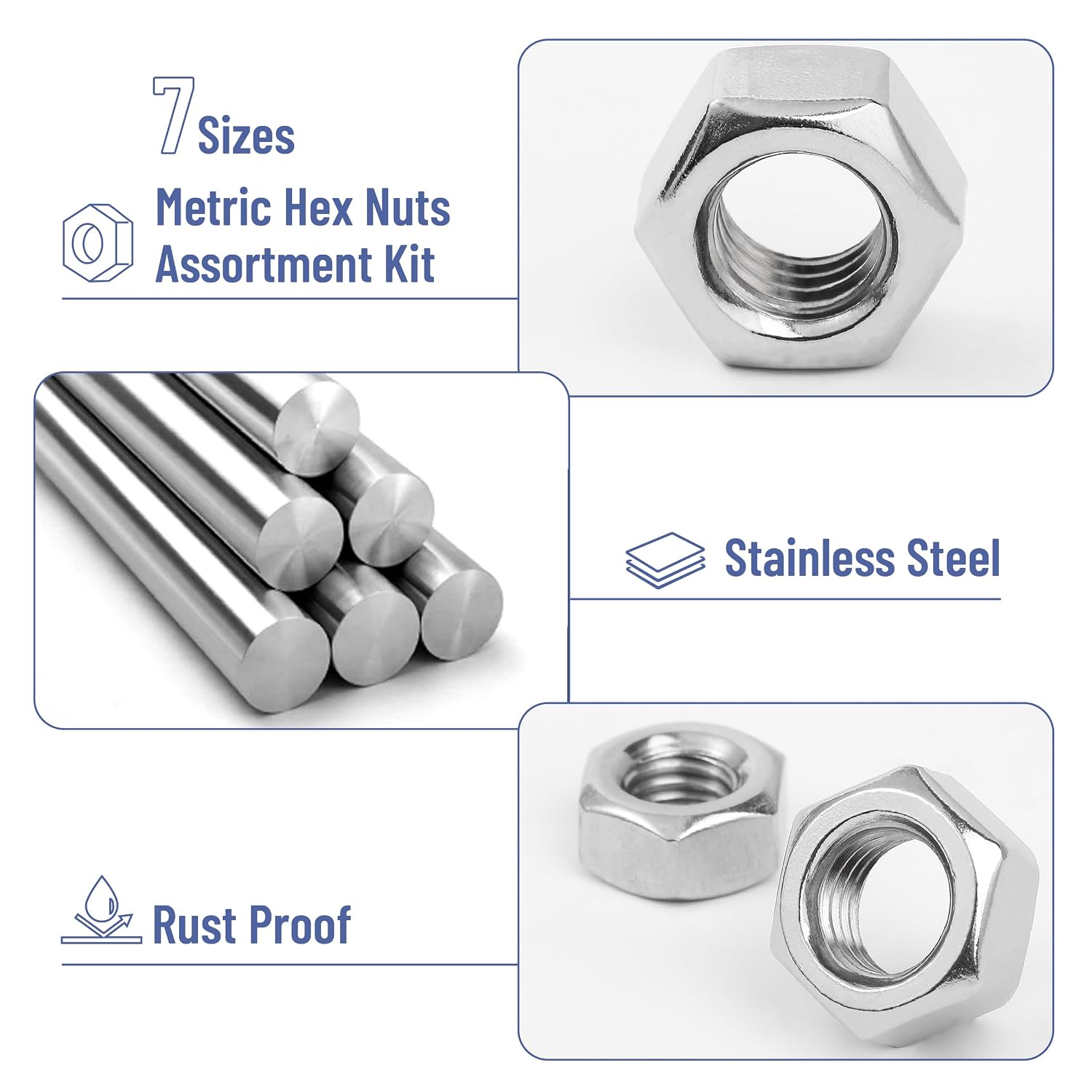 Mr. Pen- Metric Hex Nuts Assortment Kit, 145 pcs, Stainless Steel, Metric Nut Assortment 7 Sizes (M3 M4 M5 M6 M8 M10 M12), Hardware Nuts, Metric Nuts, Machine Nuts