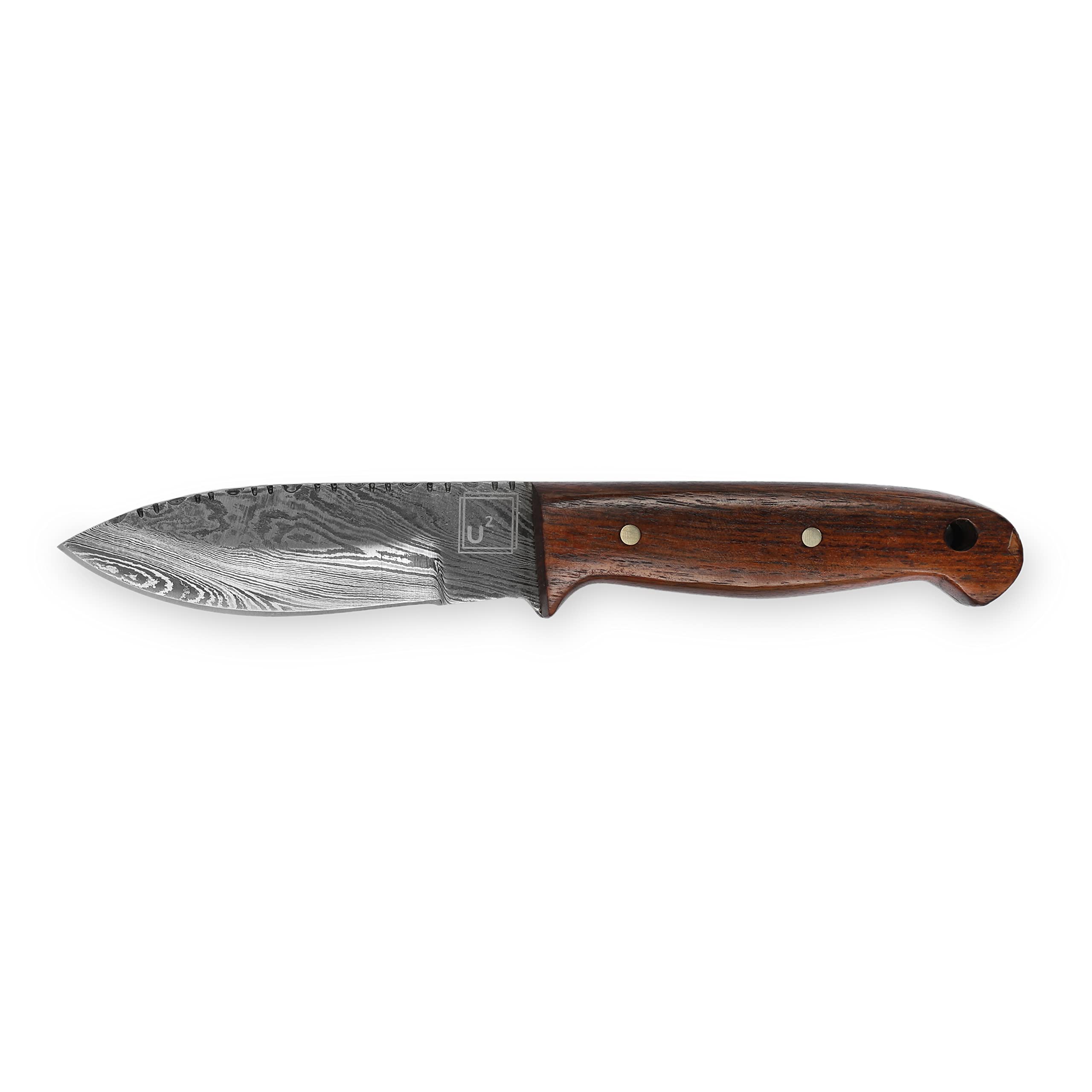 USQUARE UE-022, 20,32 cm nóż myśliwski ze stali damasceńskiej z pochwą, nóż ze stałym ostrzem, nóż Bushcraft, uchwyt z drewna orzecha włoskiego, Full Tang, zaprojektowany na polowanie i kemping