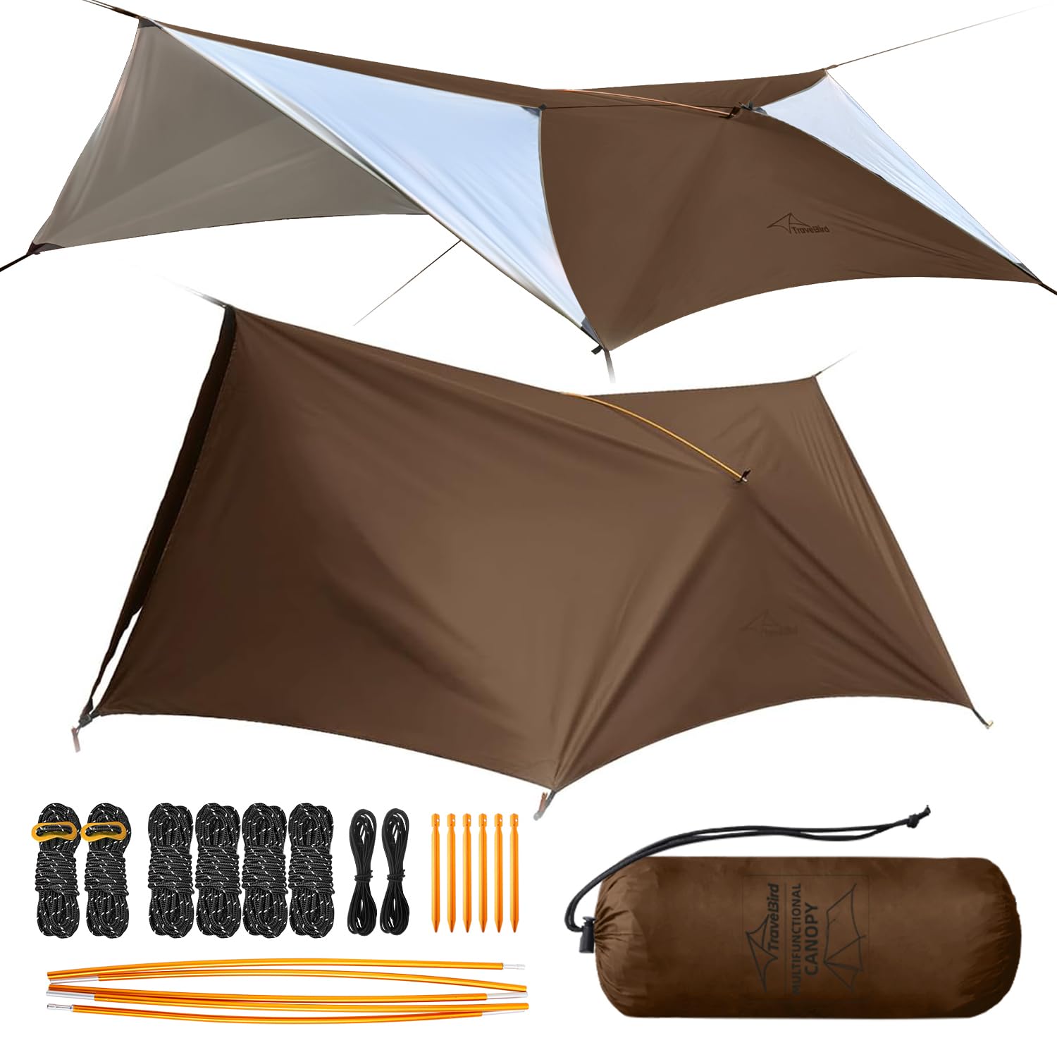 Travel Bird Camping Tent Tarp Hammock Rain Fly Shelter Lightweight Waterproof Tarps with Doors, Multifunctional Tent Tarp for Backpacking, Camping, Hiking, Picnic