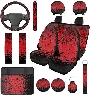 Red Gothic Car Seat Covers Universal,Steering Wheel Cover,Armrest Cushion,Seat Belt Covers Cup Holder with Keychain,Bat Car Accessoires Universal Fit Most Cars SUV Trucks