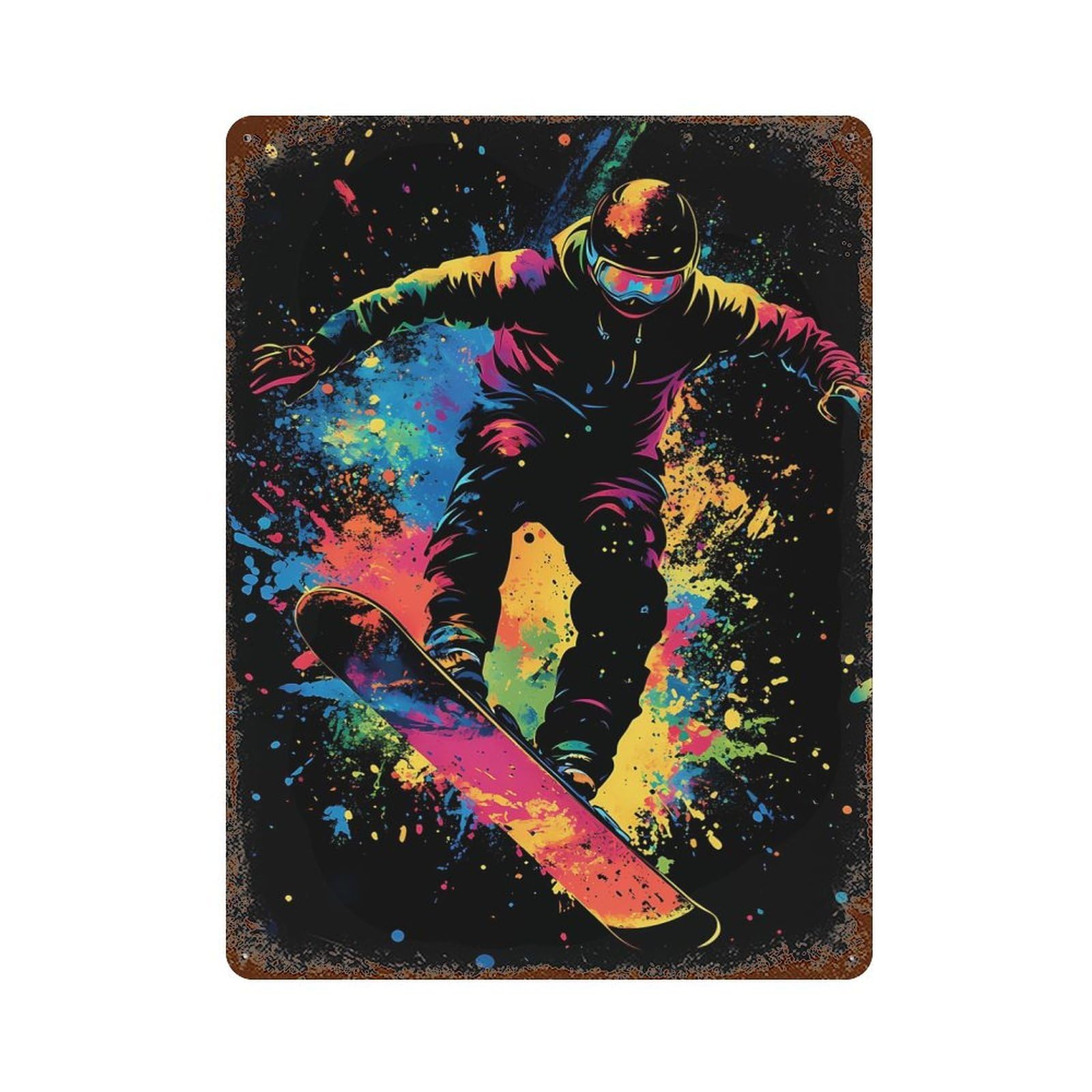 Distressed Metal Wall Sign with Snowboarder in Action Design 15.7"x11.8", for Living Room, Hallway And Home Decor, Vintage Wall Decor
