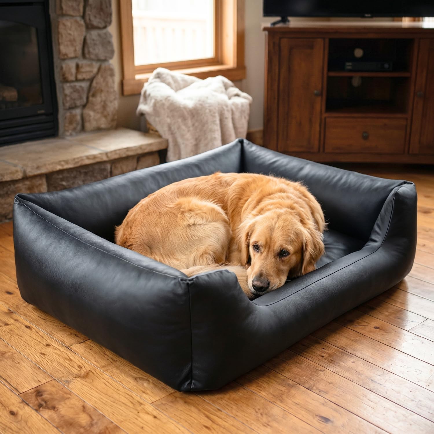 4L Textil Mario Orthopädisches Hundebett aus Kunstleder XL Hundekorb Kunstleder Große Hunde Memory Foam Visco Wasserabweisend Robust Komfortabel (120x90x25 cm, Schwarz)