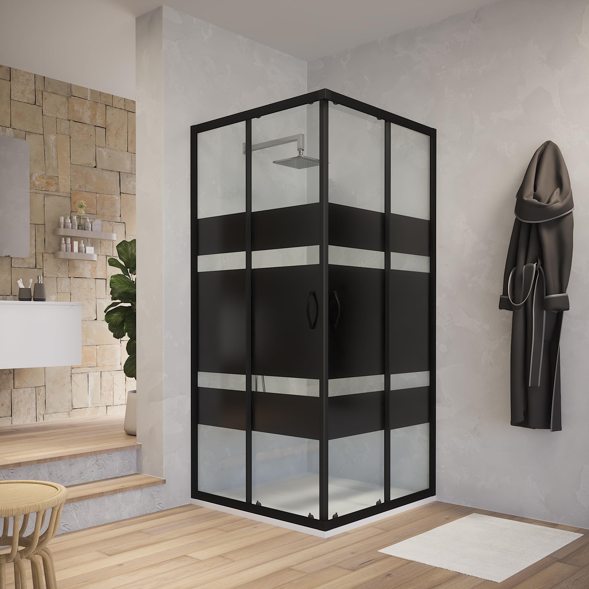 Box Doccia Angolare 80x80 cm Vetro Serigrafato 4 mm Profili Neri H185cm Mod. Willis