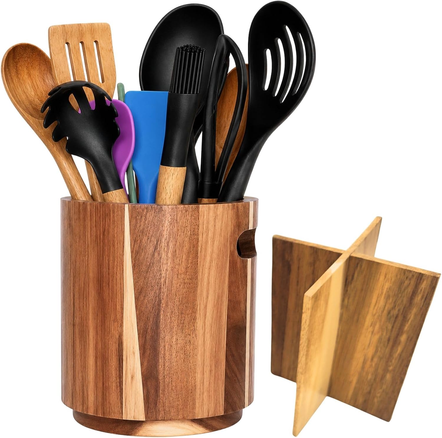 Acacia Wooden Utensil Holder, Large Rotating Kitchen Organizer with Divider