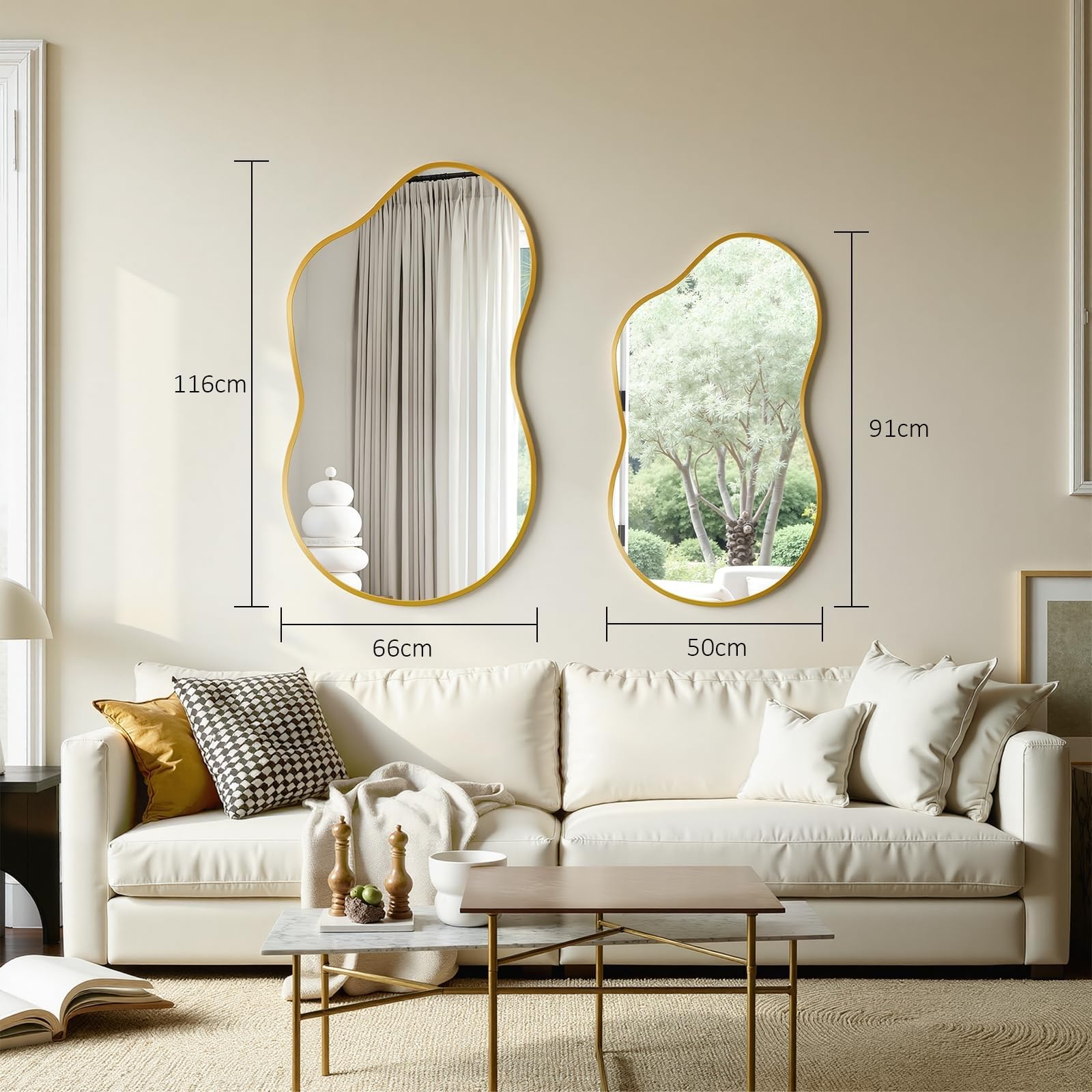 MAMIZO Miroir asymétrique, 50 x 91 cm, miroir mural de forme irrégulière, verre trempé, cadre en aluminium, miroirs décoratifs, miroir de maquillage unique, miroir de salle de bain, doré