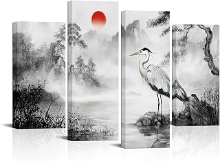 LyerArtork 4 Pieces Traditional Chinese Ink Painting Wall Art Canvas Prints Heron Mountain Lake Landscape Picture Asian Aesthetic Artwork Office Living Room Wall Decor