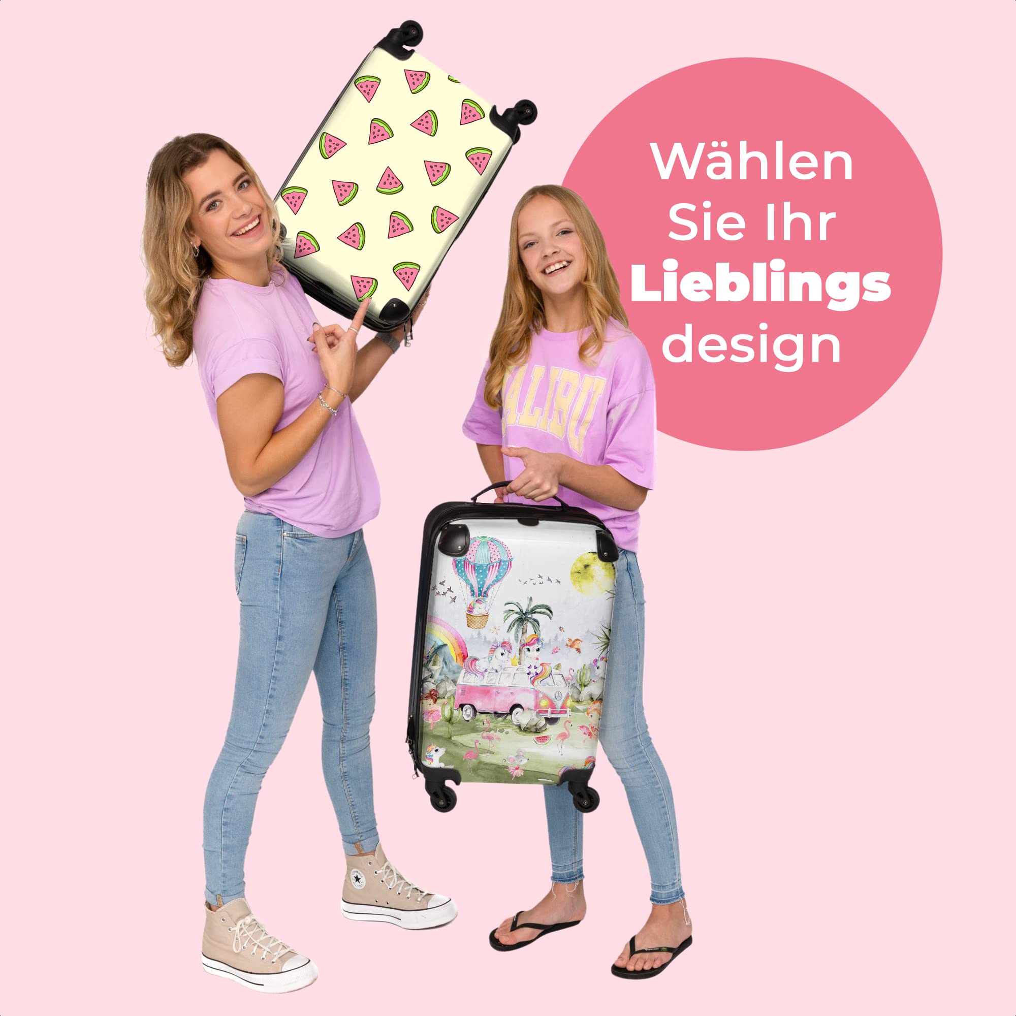 NoBoringSuitcases.com® Kinderkoffer Mädchengeschenke Handgepäck Koffer Reisetasche mit Rollen Kinder - Pink - Einhorn - Regenbogen - Kinder Koffer Madchen Trolley, 55x40x20