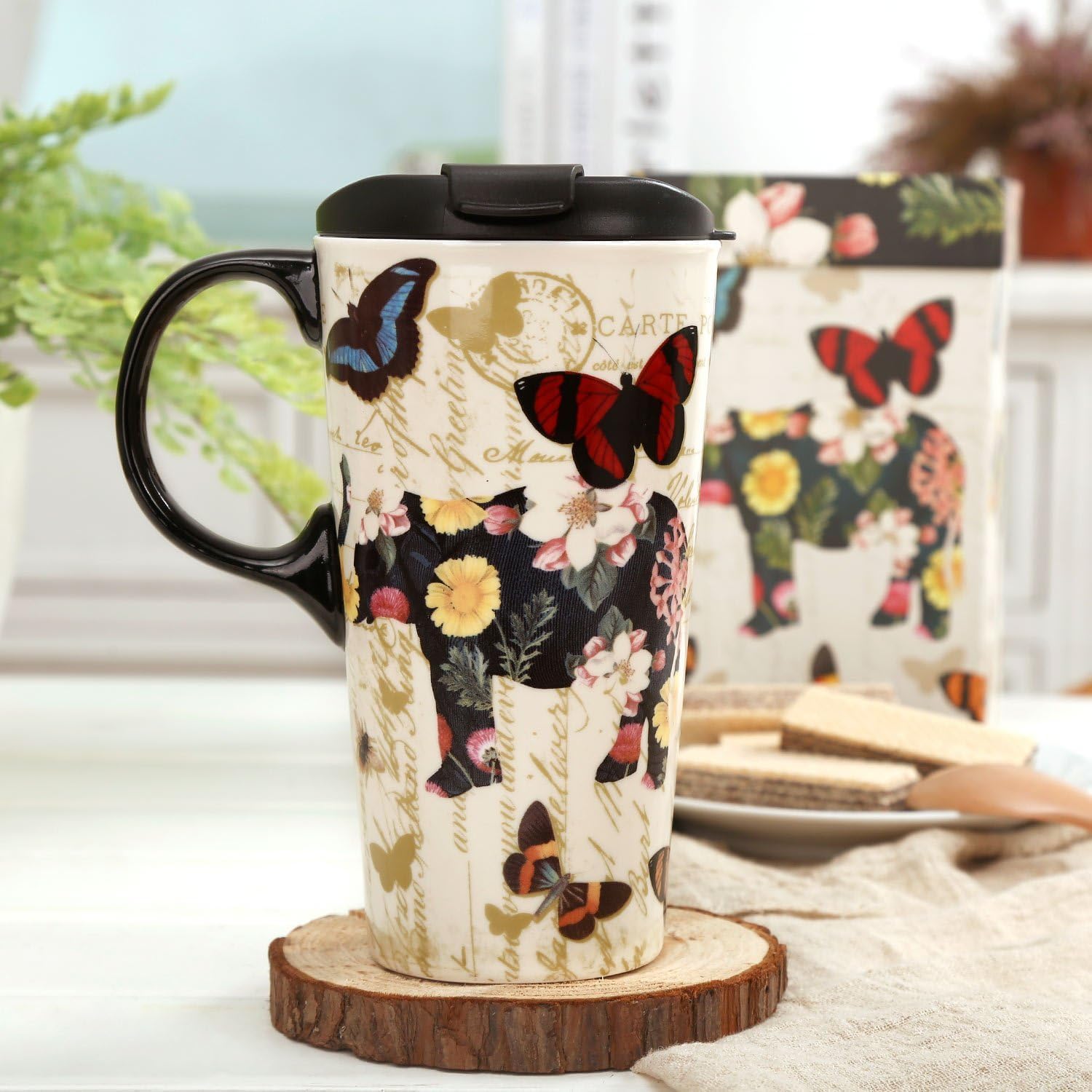 Topadorn 17oz Ceramic Travel Coffee Mug with Sealed Lid & Color Box, Microwave & Dishwasher Safe, Holiday Gift Her Him, Flower & Butterfly - Image 3
