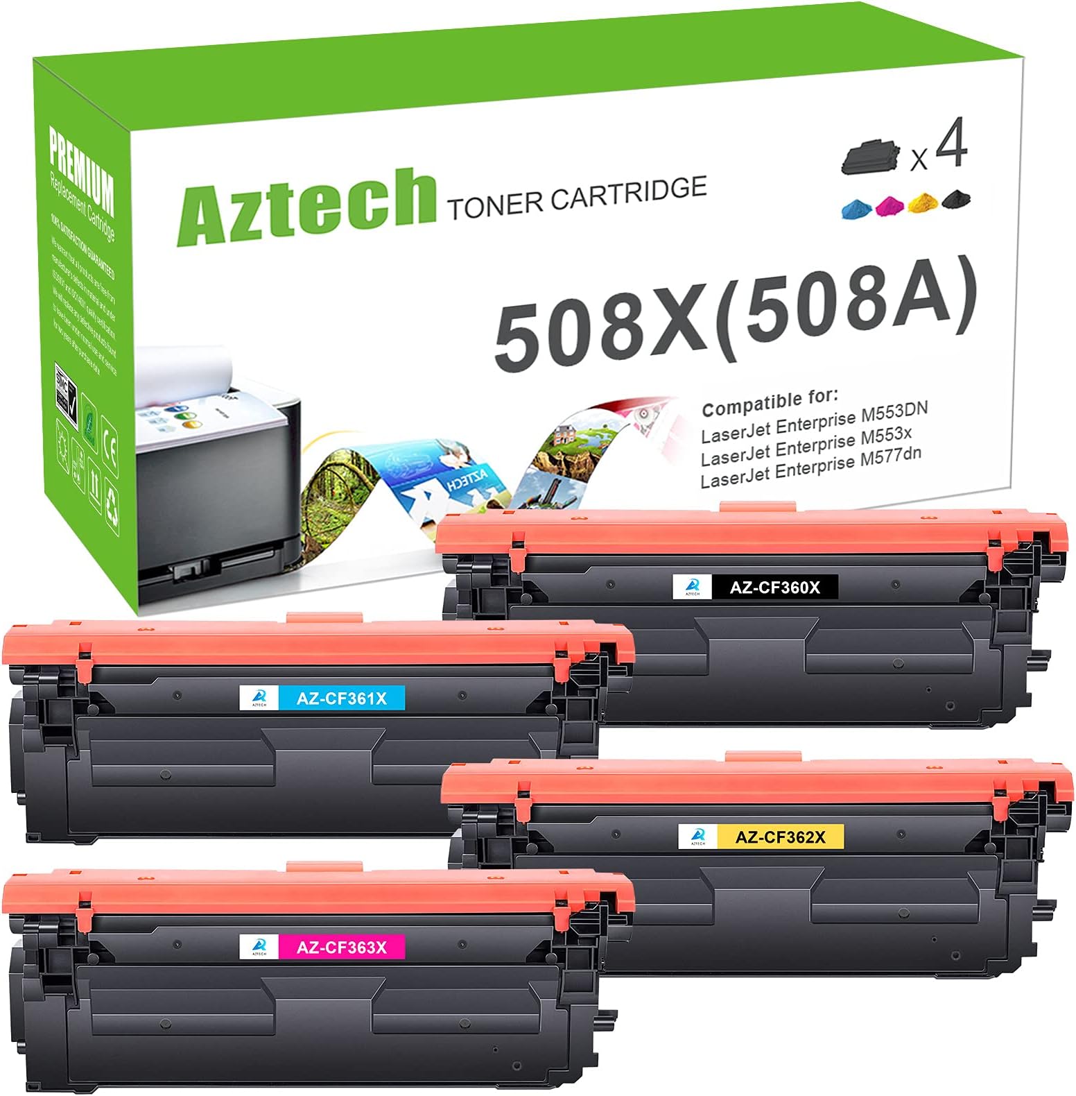 Aztech Compatible Toner Cartridge Replacement for 508X 508A CF360X CF360A CF361X CF362X CF363X Color Laserjet Enterprise M552dn M553n M553dn M553x MFP M577 M552 M553 (Black Cyan Yellow Magenta)