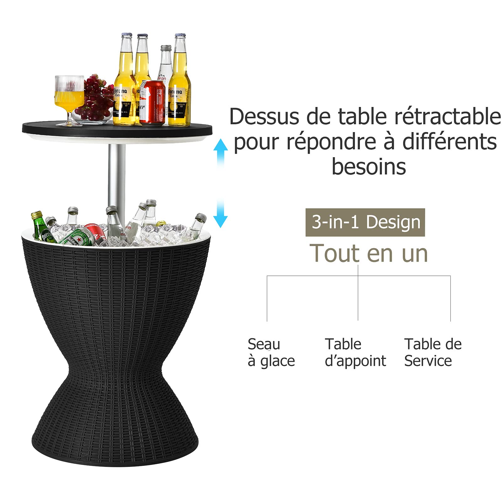GOPLUS 30L Seau à Glacon pour Champagne Cocktail Boissons Vin, 3 en 1 Seau à Glace avec Bouchon de Vidange, 2 Hauteurs Réglables, Table de Refroidisseur de Glace en PP et Rotin Imité (Noir)