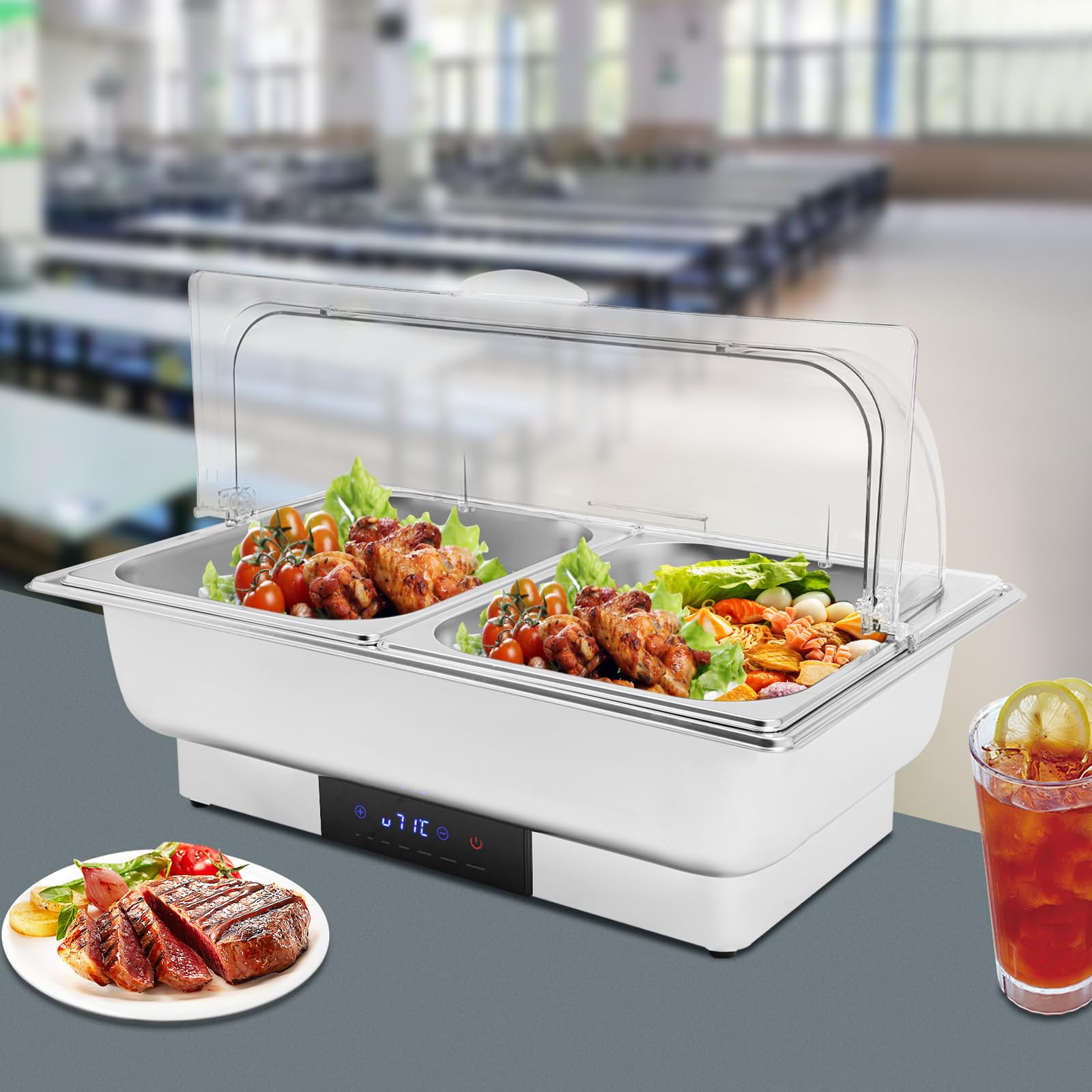 Chafing Dish, scaldavivande elettrico in acciaio inox per buffet, GN 1/1 9L Food Warming Container 35 ~ 90 ℃, 600 W scalda buffet, contenitore caldo per catering party