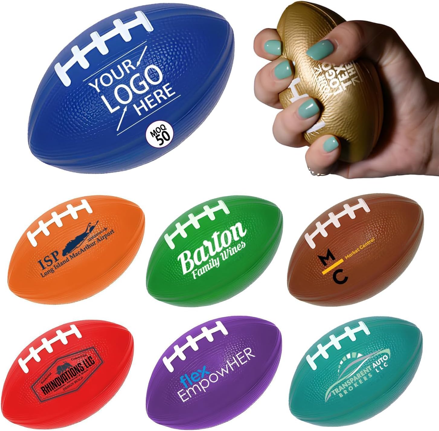 Custom Football Grip Strengthener with Logo–PU Foam Squeeze Ball for Stress Relief,Hand Exercise & Office Fidget.