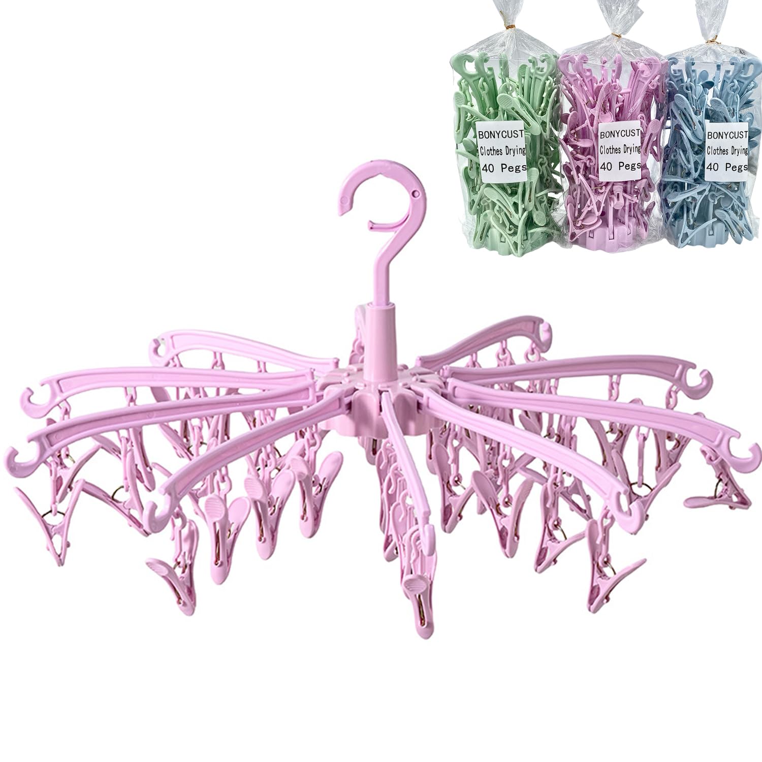 BONYCUST 40 Peg Folding Sock Hanging Rotatable Drying Rack Hanger Sock Dryer for Lingerie Clothes Shoe Insoles Underwear Baby Clothes & Hats (Pink)