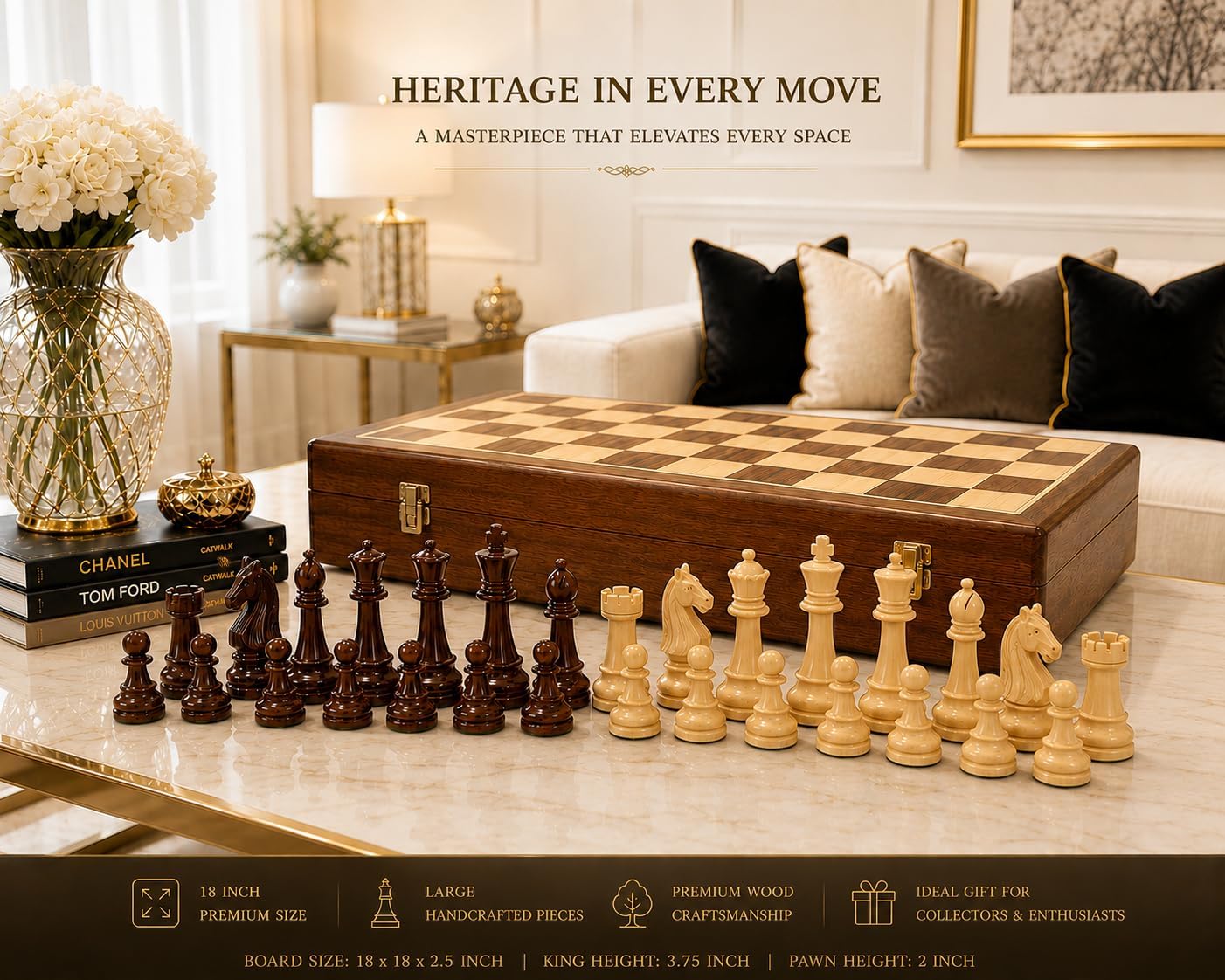 Crafted Chess Art- 18" Magnetic Wooden Chess Set for Adults with Handmade Pieces, Folding Portable Travel Unique Chess Set Game for Tournament Professional Beginner (Acacia & Maple Wood) image 3