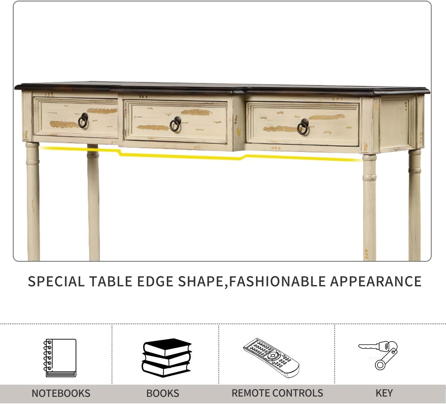 P PURLOVE Console Table Sofa Table with 3 Drawers Luxurious and Exquisite Design for Entryway with Projecting Drawers and Long Shelf (Antique Beige)