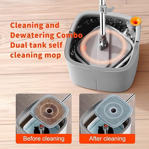 Miniatura 6 de Trapeador giratorio y cubo con sistema de agua sucia y limpia M16 con 2 almohadillas, juego de trapeador limpio giratorio de 360 y cubo para pisos