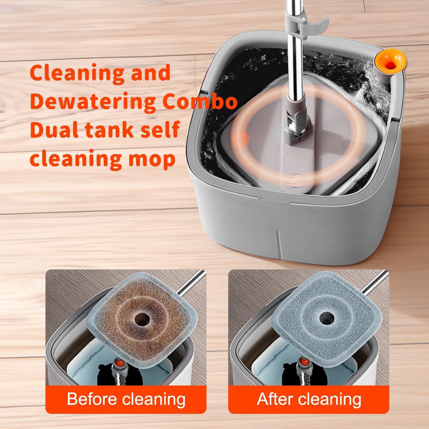 Trapeador giratorio y cubo con sistema de agua sucia y limpia M16, autoseparación, cabezal de fregona limpio giratorio de 360° y juego de cubo para suelos de mármol de baldosas de madera dura (gris)