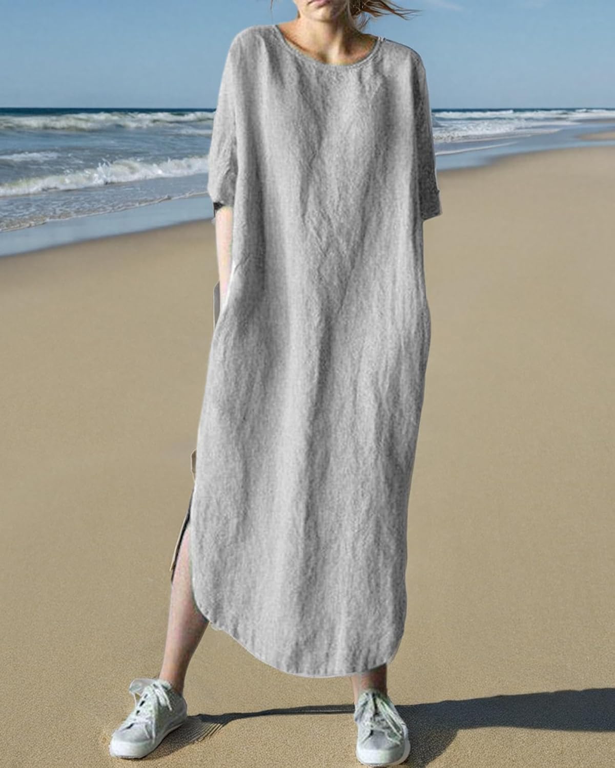 Women's Maxi Dress Solid Plus Size Loose Cotton Linen Long Dresses with Pockets - Image 7