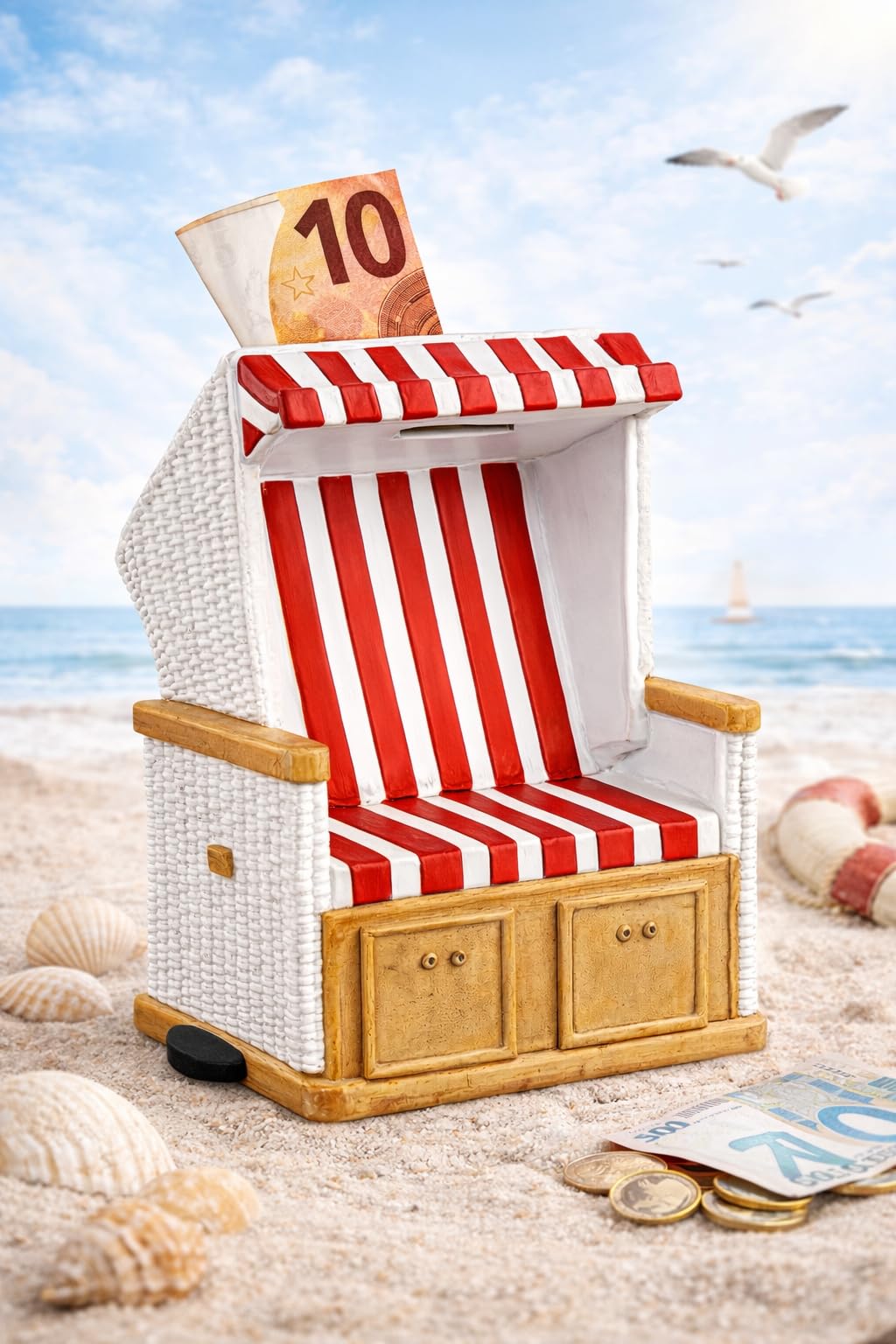 Salvadanaio a forma di poltrona da spiaggia – design marittimo – cassa vacanza & cassa da viaggio Sparbox – regalo in denaro per vacanze e fan del mare – 11,5 cm (blu)
