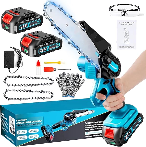 Mini tronçonneuse à batterie 6 pouces, moteur brushless 1000 W, 2 chaînes et verrou de sécurité, lot avec 2 batteries 4000 mAh