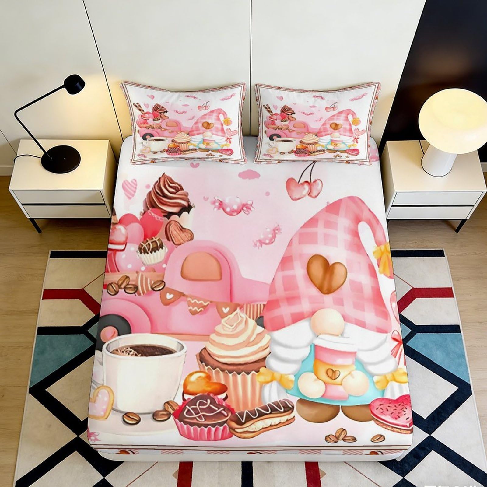 3D Printed Candy Dessert Fitted Sheet Microfiber Pink Gnome Bed Cover for Bedroom Guest Room Dorm Mattress Protection 180x200x25cm