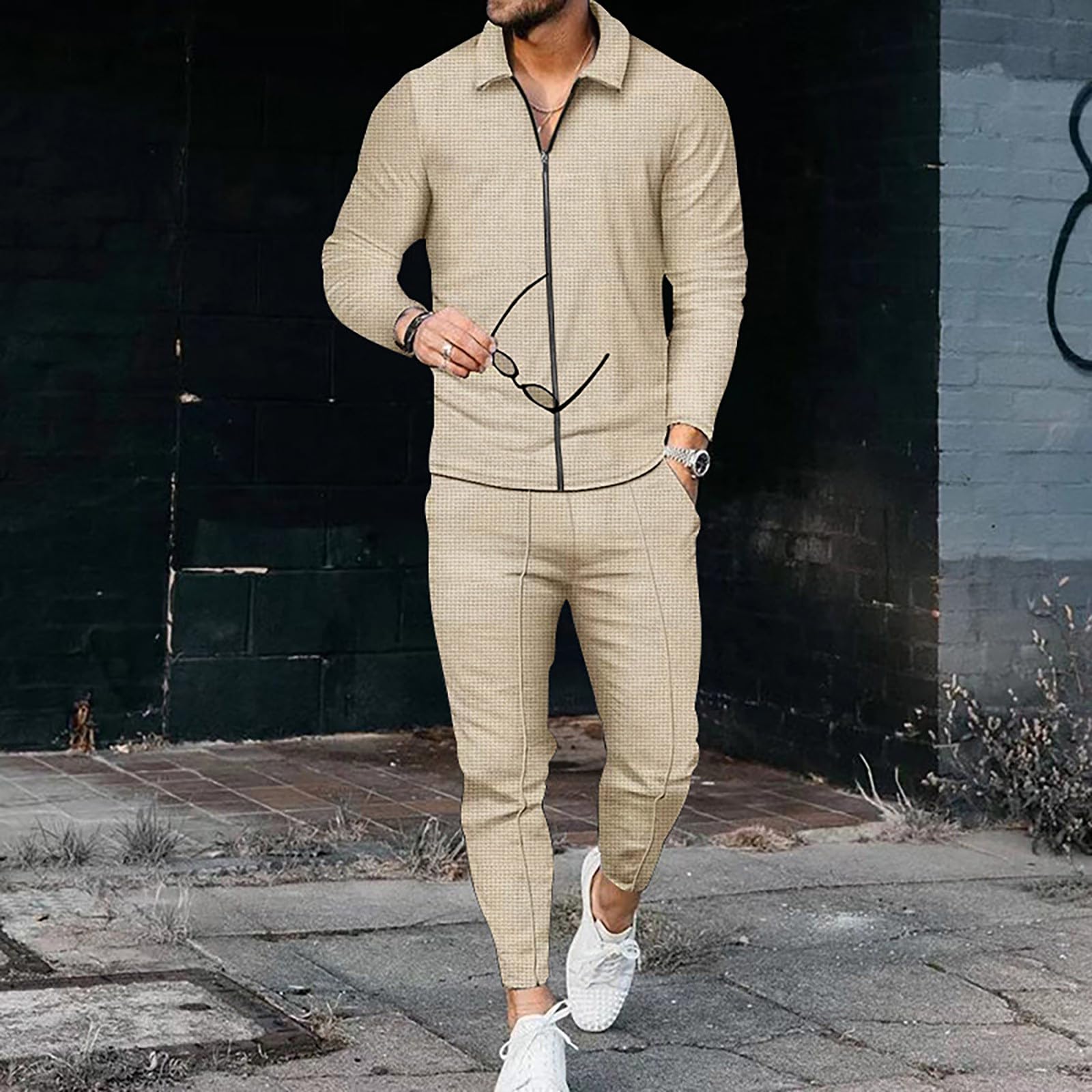 Tuta da uomo per il tempo libero, set da 2 pezzi, tuta sportiva, slim fit, con chiusura lampo, polo e waffle, pantaloni per il tempo libero, set per uomini, classico, stile urbano