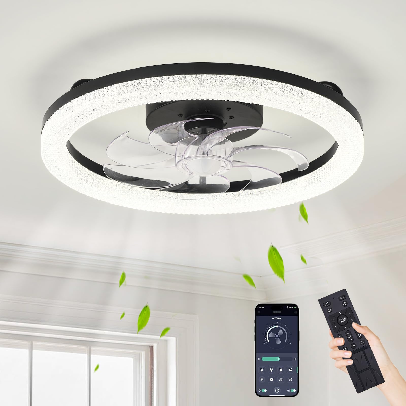 ( incomplete missing remote) Low Profile Ceiling Fans with Lights and Remote, 20.5" Dimmable Modern Ceiling Fan Reversible Black Ceiling Fans 6 Speed for Bedroom Living Room