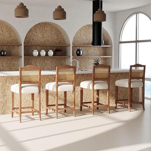 Miniatura 3 de CIMOTA Juego de 2 taburetes de bar de ratán de altura de mostrador, sillas de bar modernas de mediados de siglo, taburetes de cocina tapizados con